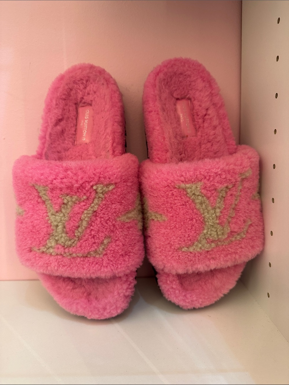 Louis Vuitton Pink Plush Shearling Logo Slides